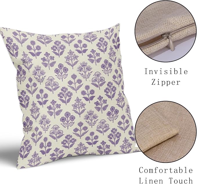 Purple Floral Block Print Pillow Covers 18x18 Inch Set of 2, Vintage Flower Pattern Decorative Throw Pillowcases Outdoor Farmhouse Cushion Covers Spring Summer Rustic Sofa Couch Bed Decor