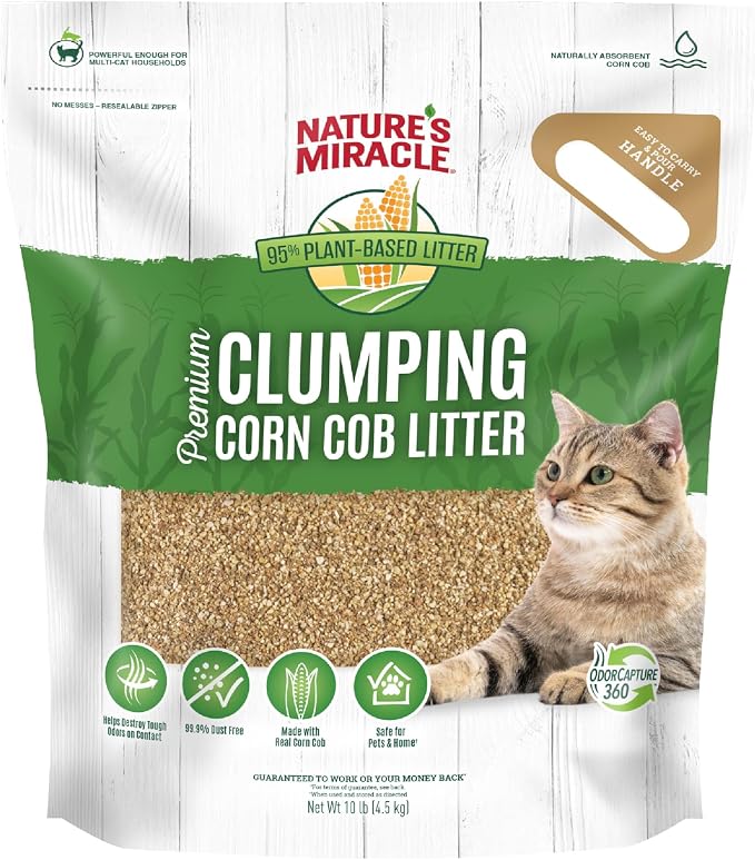 Nature's Miracle Premium Clumping Corn Cob Cat Litter, 10 lbs | Bio-Enzymatic Formula Detroys Tough Odors, 99.9% Dust Free, Premium Clumping Formula Aborbs Liquid, Resealable Bag