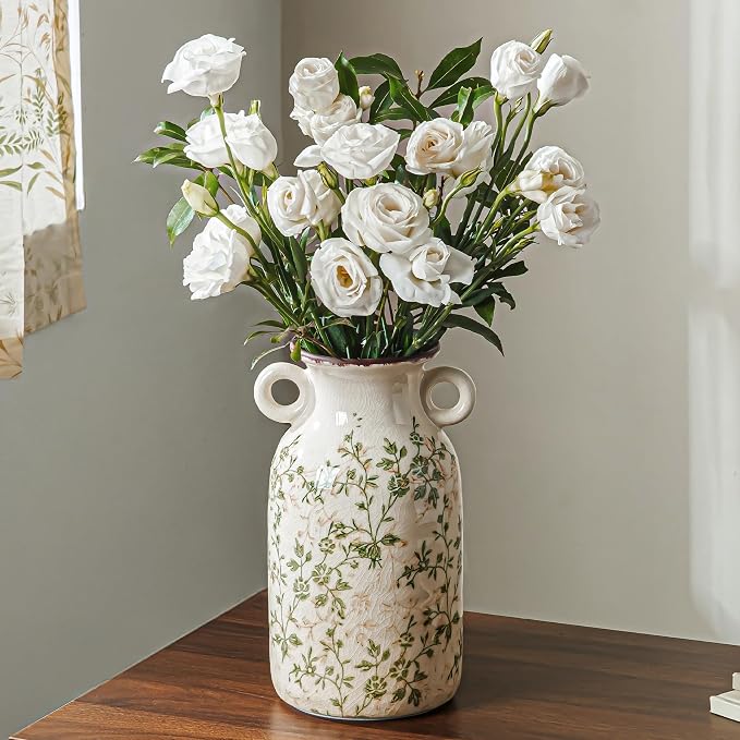 Ceramic Flower Vase with Handle for Home Decor, Vintage Green Vase 9.1 Inch | Rustic Farmhouse Floral Vase for Mantel, Living Room, Coffee Table, Kitchen, Bookshelf, Entryway, Wedding Centerpiece