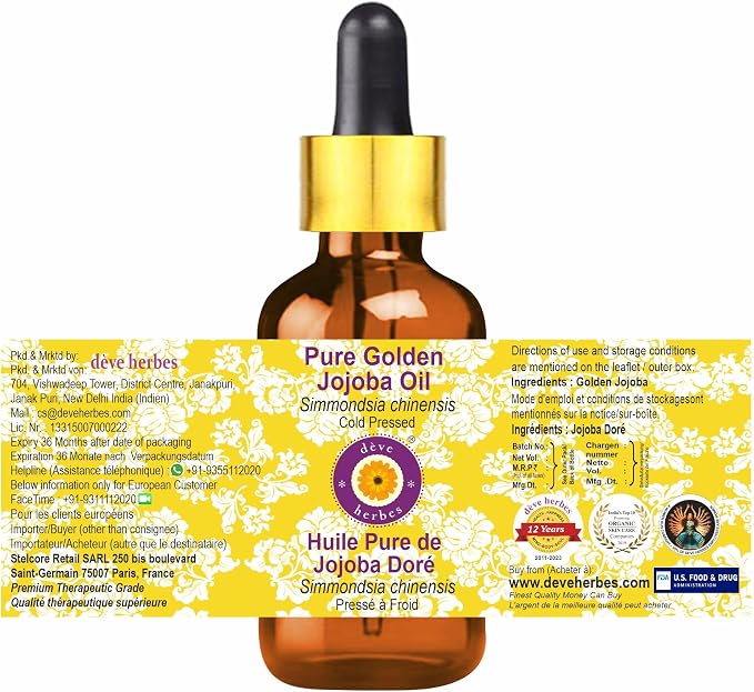 Deve Herbes Pure Golden Jojoba Oil (Simmondsia chinensis) with Glass Dropper Cold Pressed 50ml (1.69 oz)