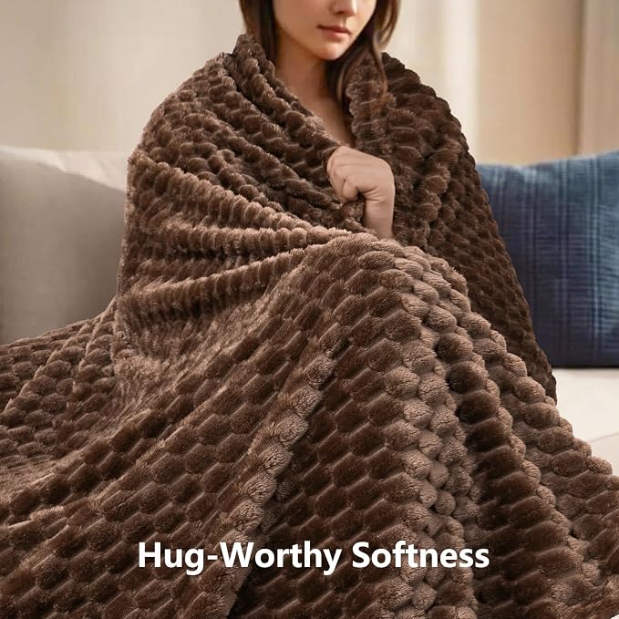 Vessia Flannel Fleece Throw Blanket(50x70 inch), 3D Jacquard Brown Fuzzy and Warm Blanket for Couch,Sofa,Bed,Chair, 300GSM Super Soft Touch Cozy Lightweight Throw for All-Season Home Decor