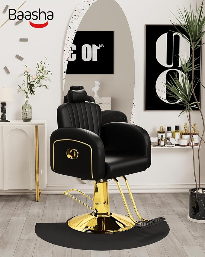 Baasha Black & Gold Reclining Salon Chair with Removable Headrest, Memory Foam Cushion, Heavy-Duty Hydraulic Barber Chair, Soft PU Leather, 440 lbs Capacity, for Haircut & Styling