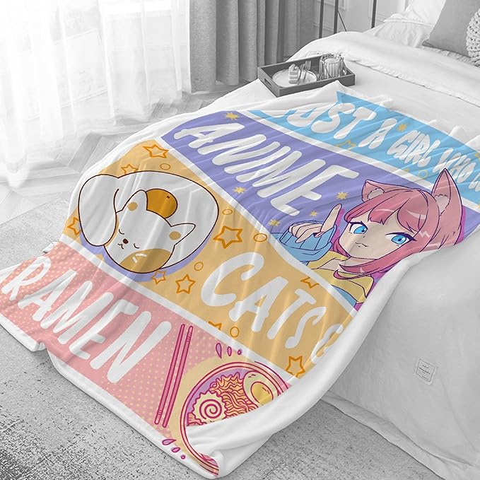 Just A Girl Anime Blanket - Kawaii Cats & Ramen Flannel, Luxurious & Cozy XL 90x120 Inch, Perfect for Anime Lovers & Family
