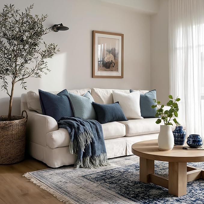 MIULEE Blue Boho Linen Decorative Pillow Covers 18x18 Inch Pack of 4 | Natural Throw Pillow Covers, Soft Farmhouse Couch Pillowcases, Modern Home Decors for Living Room Bed Sofa