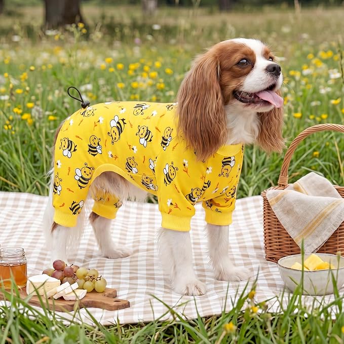 XPUDAC Dog Pajamas for Small Medium Dogs, Cute Puppy Clothes with Bee Print, Soft Breathable Dog Pjs Onesie with Adjustable Drawstring for Summer Holiday, S