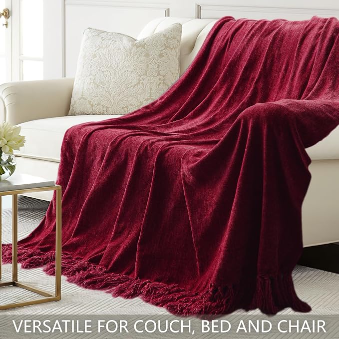 Chenille Throw Blanket for Couch 60" x 80" Twin, Red | Soft Cozy Throws with Fringe Tassel, for Living Room Bed Sofa Chair Cover, Lightweight Knitted Boho Blankets Christmas Decor