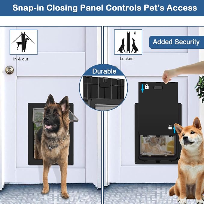 CEESC Medium Dog Door, Snap-in Closing Panel, Up to 35 lbs, Durable, Black | Flap 9.06"x11.38", cut-out 9.56"x12.19". Fits doors 1.25-2.06in. Weatherproof ABS, magnetic seal