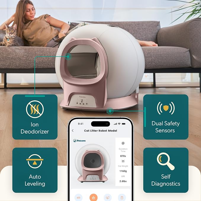 Petcove PurrTek Automatic Litter Box Self Cleaning 5GHz Wi-Fi, Odor Control | 45 dB Quiet, App Control Sealed Waste Bin, Advanced Safety Sensors, Auto Smart Self Cleaning Cat Litter Box for Multiple Cats