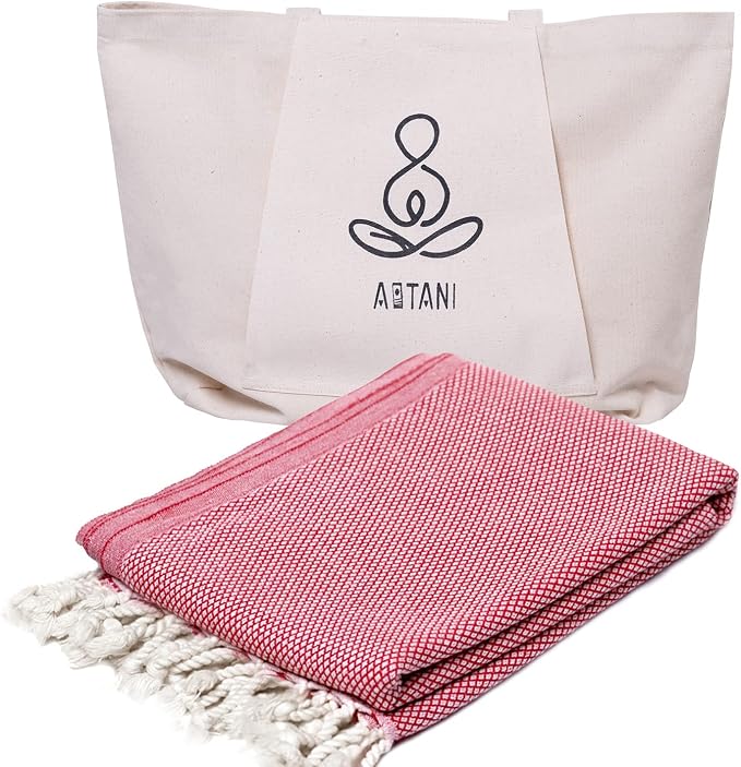 ATANI 69x35 in Oversized Turkish Beach Towel Set with Tote Bag – Quick-Dry 100% Turkish Cotton Peshtemal, Sand-Resistant, Lightweight for Shower, Travel, Pool, Yoga (Red)