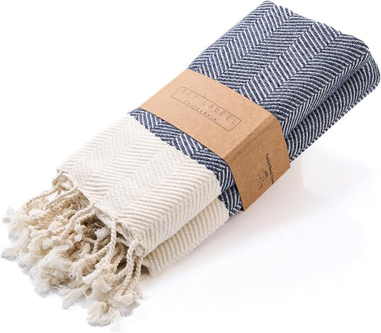 BAY LAUREL Turkish Hand Towel – Pack of 2 | Soft & Absorbent Decorative Towels for Bathroom, Hand, Face, Hair, Gym, Yoga, SPA, Kitchen & Tea | Boho Decor (Navy, Herringbone 16x40 Inches (Set of 2)