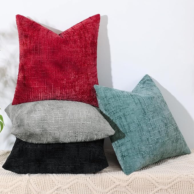 decorUhome Textured Chenille Throw Pillow Covers 18x18 Set of 2 Red | Fall Modern Farmhouse Soft Cozy Slubby Couch Pillow Cases Boho Decorative Pillow Cases for Bed Sofa Living Room Home Decor