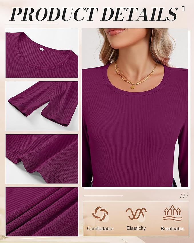 Ficerd 3 Pack Women's Ribbed Long Sleeve Tops, Crew Neck Slim Fit Undershirts Knit Basic Casual Stretch Layering Tee Shirts