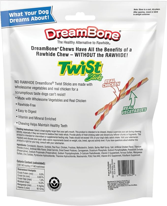 DreamBone Twist Sticks Rawhide-Free Dog Treats with Real Protein, 100 Count | Daily Chew, Digests Safely and Completely, Made With Real Chicken and Veggies, For Adult Dogs