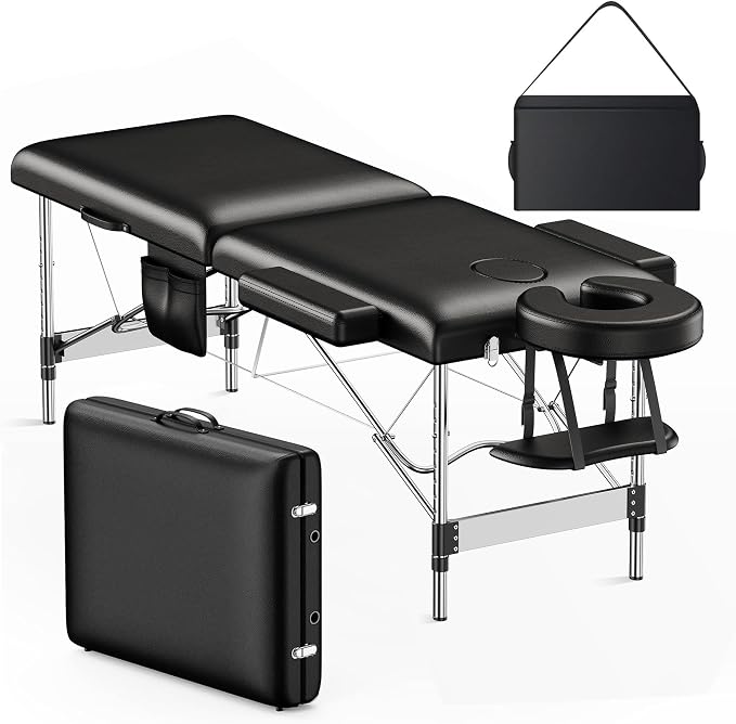 Brelley Massage Table Portable, 2-Fold Lash Bed with Side Pocket, Adjustable Height, Sturdy Aluminum Frame, Esthetician Spa Facial Tattoo Bed with Face Cradle & Carrying Bag, Black
