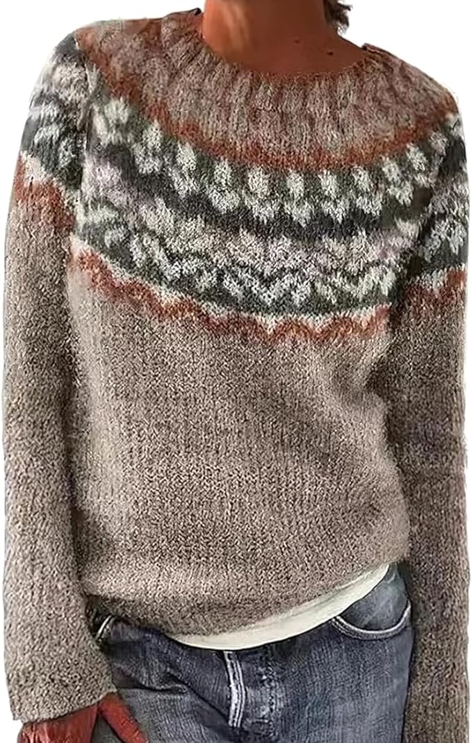 Zhyaj Fair Isle Sweater for Womens Winter Long Sleeve Vintage Knitted Sweater Casual Fall Crew Neck Pullover Sweaters