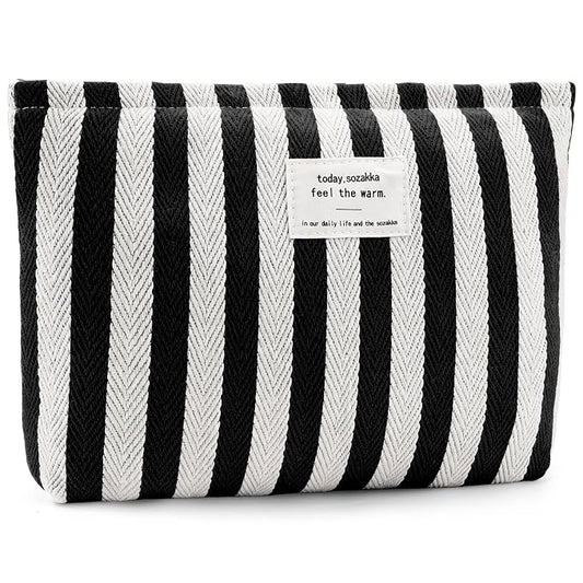 ZLFSRQ Striped Makeup Bag Large Canvas Travel Makeup Bag for Women Cosmetic Pouch Cute Black Striped Make Up Pouch for Purse Y2k Aesthetic Trendy Zippered Toiletry Bags Gift Skincare Storage Organizer