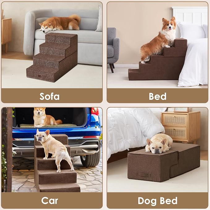 EHEYCIGA Dog Stairs for High Bed 25" H, Extra Wide Dog 5-Step, Brown | Pet Steps for Small Dogs and Cats for Bed, Non-Slip Balanced Pet Ramp Indoor
