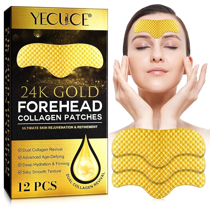 24K Gold Forehead Patches, 20 Minute Wrinkle Smoothing Patches with Dual Collagen & Hyaluronic Acid, Anti Aging Face Patches for Visible Results, Luxury Skin Care Treatment for Fine Lines (12 Pcs)