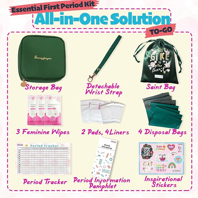 First Period Kit for Girls 10-12, Period Bag for School & Gift Set(Green) | Compact green period bag with pads, wipes, Period Tracker & Booklet — Discreet First Period Gift for Schoolor on the go.