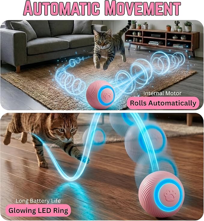 Interactive Cat Toy Ball - Automatic Interactive Cat Toys for Indoor Cats, Rechargeable Cat Enrichment Toys for Small/Medium/Large Cats to Keep Them Busy