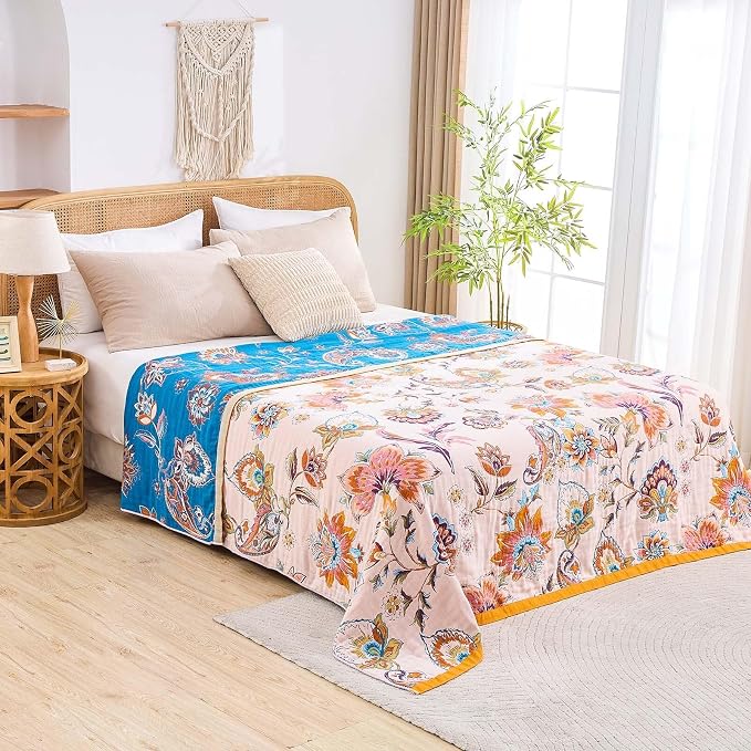 XIBLC Boho Throw Blanket for Bed, 100% Cotton Soft Rustic Quilt Fall Blanket, 80"x90" Floral Printed Farmhouse Decor Bed Blankets, All Season Rustic Reversible Bohemian Throw Quilt