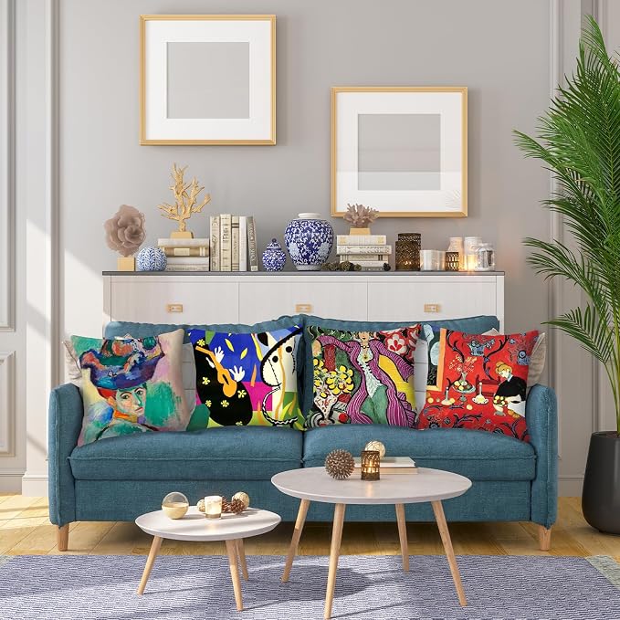 Matisse Pattern Throw Pillow Covers 18x18 inches Set of 4 Abstract Art Painting Pillow Cases Aesthetic Decorative Cushion Covers for Sofa Couch Living Room