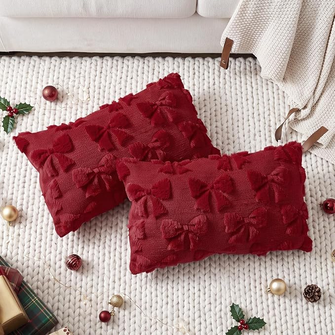 Mixweer Burgundy Bow Pillow Covers Set of 2 Preppy Room Decor Coquette Cute Spring Summer Decorative Faux Fur Soft Bowknot Stuff Fluffy Plush Aesthetic Pillowcase for Bed Sofa Couch (12 x 20 Inch)