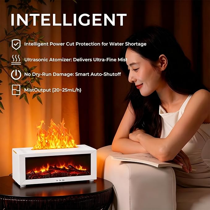 Fireplace Flame Essential Oil Diffuser, 7-Color LED Ultrasonic Aromatherapy Humidifier, 150ml, Cool Mist, with Remote Control and Timer, for Home Bedroom Office Yoga (White)