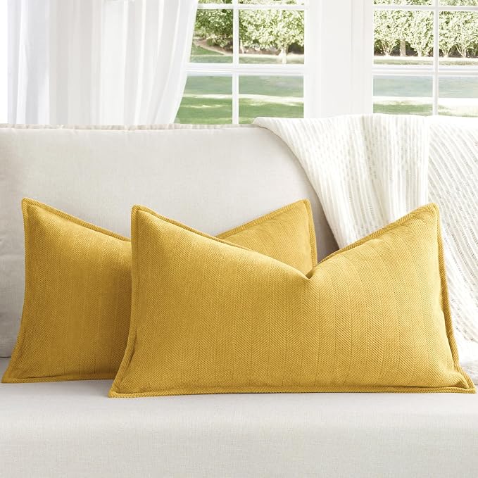 Yellow Pillow Covers 12x20 Set of 2 Chenille Throw Pillow Covers with Elegant Design Soft and Luxurious Decorative Throw Pillows for Couch, Bed, and Home Decor