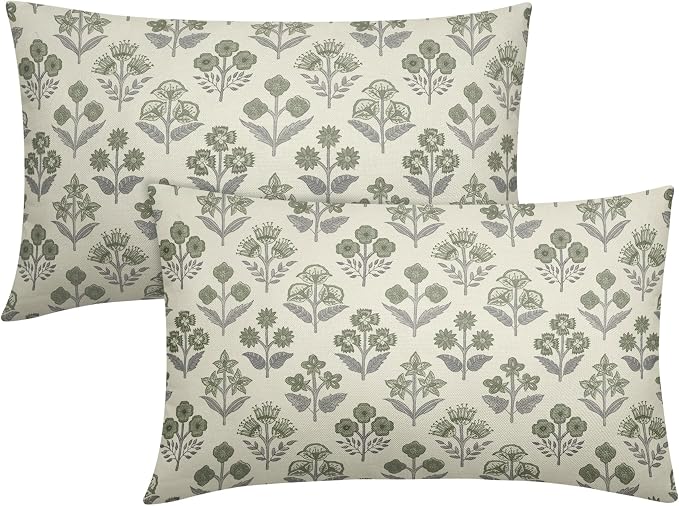 Green Grey Gray Floral Pillow Covers 12x20 Inch Set of 2, Block Print Lumbar Flower Cream Decorative Throw Pillowcases Outdoor Farmhouse Rectangle Cushion Covers Spring Summer Sofa Couch Bed Decor