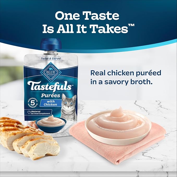 Blue Buffalo Tastefuls Purees Chicken Cat Food Topper, 3 oz, 12 ct | Resealable Twist Cap, Serve Over Food or as a Snack, Cat Food Complement