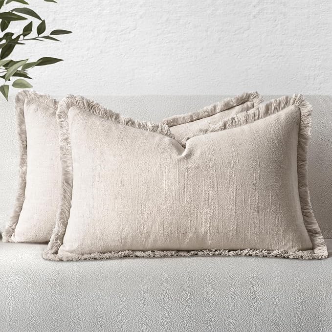 MIULEE Linen Decorative Lumbar Throw Pillow Covers Natural Beige 12x20 | Set of 2, Cottagecore Decor, Boho Farmhouse Neutral Pillow Covers, Rustic Fringe Couch Cushions for Sofa Bed Living Room