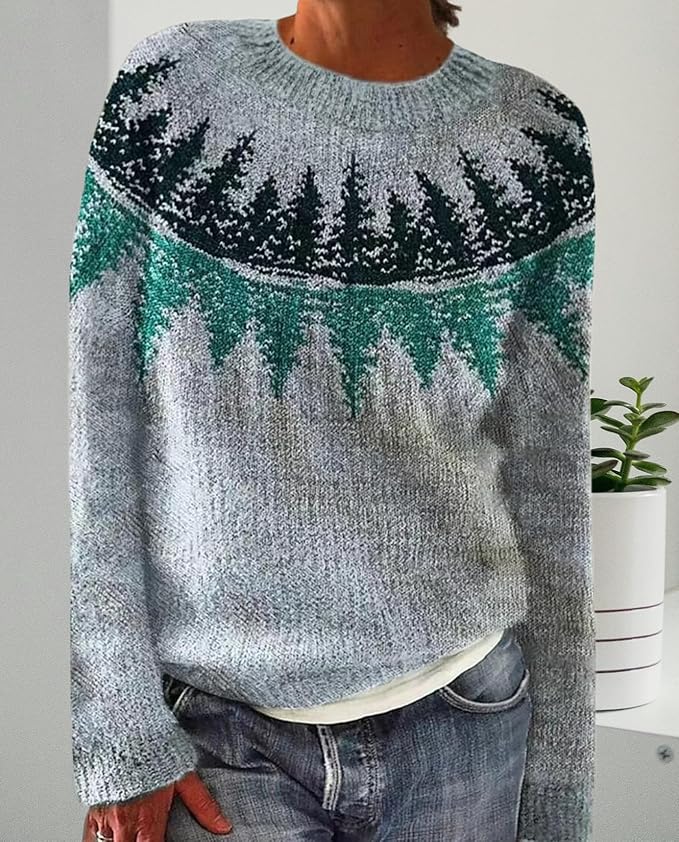 Zhyaj Fair Isle Sweater for Womens Winter Long Sleeve Vintage Knitted Sweater Casual Fall Crew Neck Pullover Sweaters