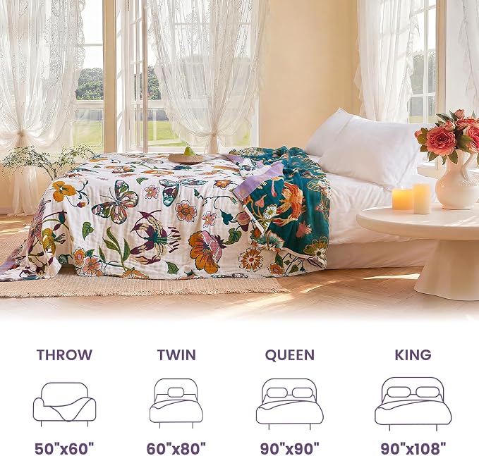 MSGKV Boho Throw Blanket 60"x80" 100% Cotton Floral Blanket for Bed Couch | Super Soft Muslin, Everyday Comfort, Breathable, Lightweight, Farmhouse Decor, Twin Size, All Seasons, Machine Washable