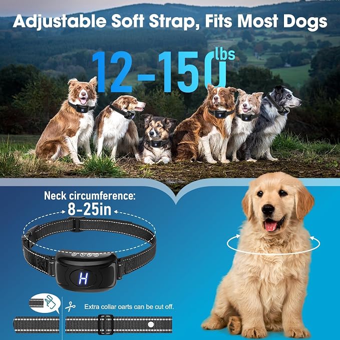Dog Bark Collar for Large Medium Small Dogs, Automatic Smart Bark Collar, Anti Barking Training Collar with 3 Adjustable Sensitivity Beep Vibration, IPX7 Waterproof Rechargeable,Black