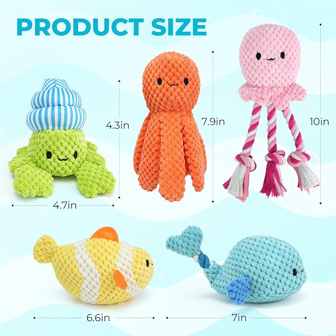 PrimePets 5 Pack Squeaky Dog Toys, Plush Crinkle Dog Toys for Small Medium Dogs, Stuffed Tough Puppy Chew Toy to Keep Them Busy, Interactive Pet Toy