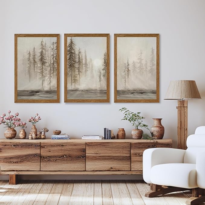 Urmoya 3 Pieces Scandinavian Pine Tree Neutral Forest Wall Art 20x30 in | Wood framed canvas, Forest scene, Nordic modern style, Ready to hang, for living room, hallway, office, or bedroom decor