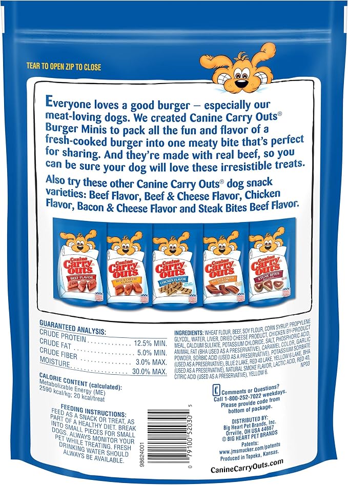 Canine Carry Outs Dog Treats, Burger Minis Beef Flavor, 22.5 Ounce (Pack of 6), Made with Real Beef | Soft & chewy dog snacks. Made with real beef. Shaped like miniature hamburger patties. Produced in Topeka, Kansas.