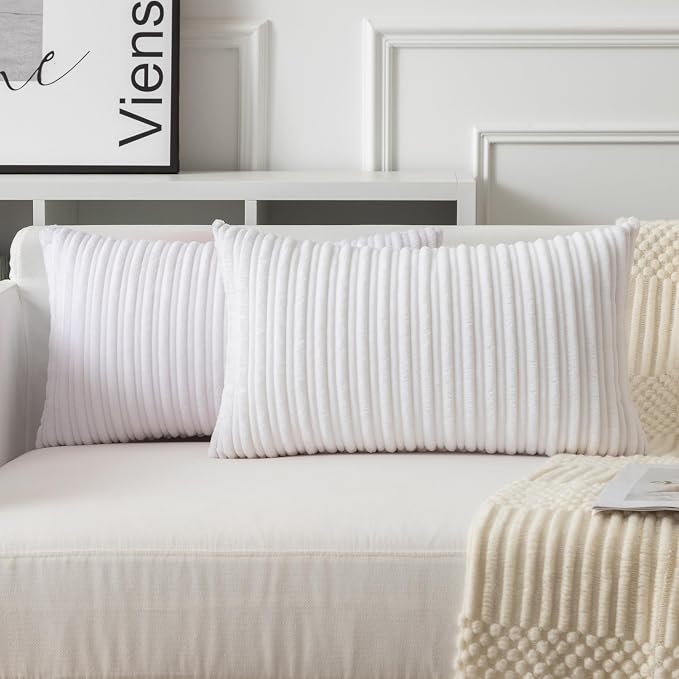 UGASA 14x24 Inch Pillow Cover Pack of 1 Soft Boho Stripe Corduroy Long Rectangular Lumbar Cushion Cover Farmhouse Decorative Throw Pillowcase for Bed, Couch, Sofa, Bedroom, Living Room, Pure White