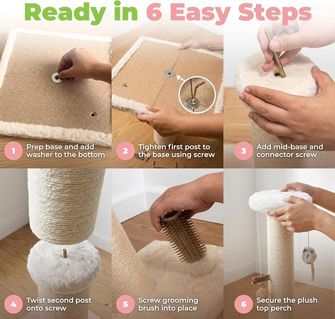 Best Pet Supplies Catify Cat Scratching Post - Beige H: 25" | 11" x 11" x 25", Interactive Cat Pole, Built-In Toys, Durable Sisal, Furniture Protector, For Indoor Kittens and Cats