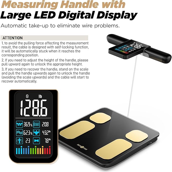 RunStar 8-Electrode Scale for Body Weight, Accurate Body Composition Scale with BMI Body Fat Muscle Mass over 50 Metrics, Rechargeable Body Analyzer with Large Colorful Screen Handle, 400lb, BlackGold