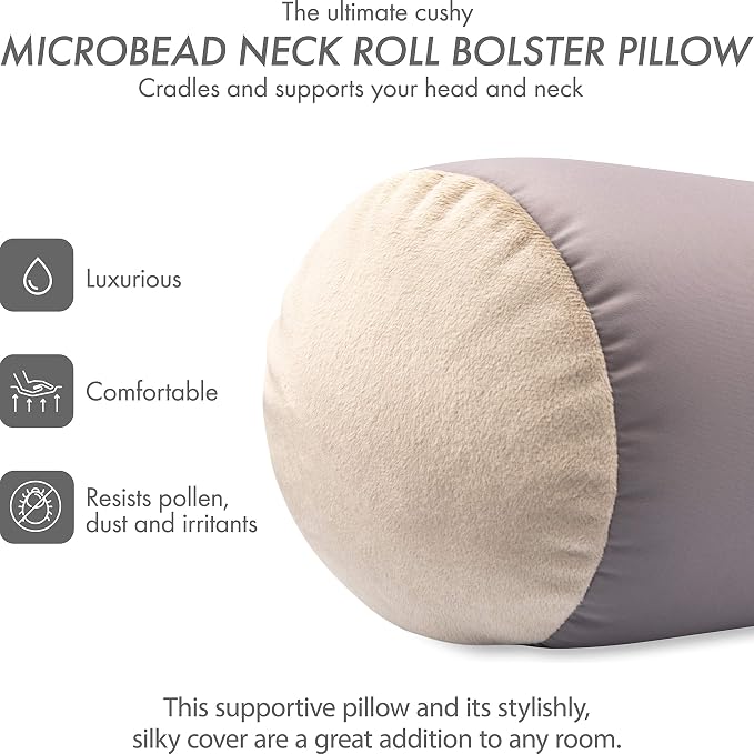 Microbead Bolster Neck Roll Pillow, Gently On Body, Head, Neck & Shoulders No Pain Rest, Relax Sleep - Silky Feel Prevent Wrinkles & Hair Breakage - Lightweight Cylinder Tube, 14" x 8", Stone Grey