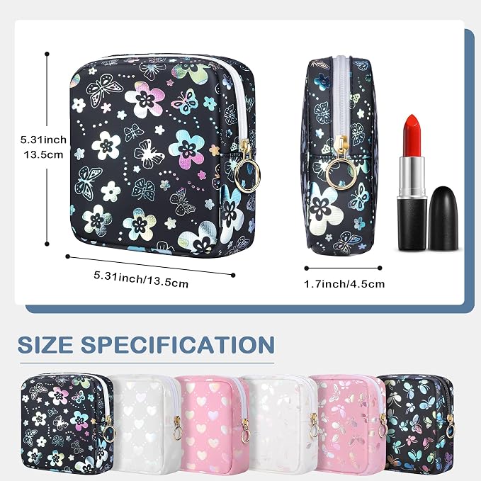 Likesing Period Bag Pouch, Leather Sanitary Napkin Storage Bag for Girls Womens, Portable Sanitary Napkin Period Pad Pouch Bag for Purse, Small Make Up Bags(Flower Butterflies)