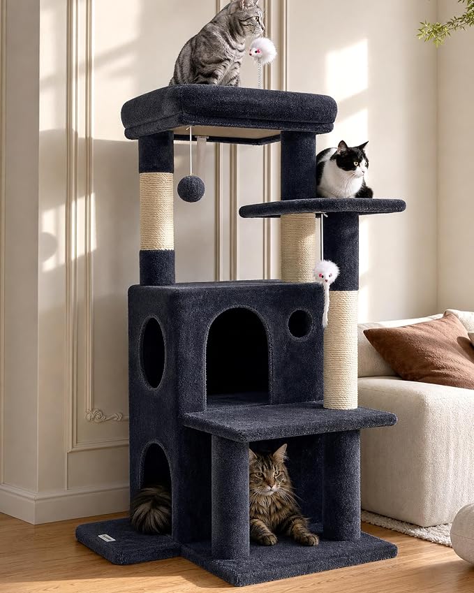 Globlazer Cat Tree Tower for Indoor Cats, 50-inch Adult Cat Tree House for Large Adult Cats with Steps, Scratching Post, 2 Cat Caves, Dangling Toys, FC50, Dark Grey