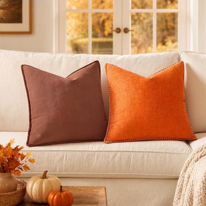 MIULEE Pack of 2 Fall Burnt Orange Decorative Chenille Pillow Covers 16x16 | Soft Couch Throw Pillows,Farmhouse Cushion Covers with Elegant Design for Sofa,Bedroom,Living Room,Spring Home Decor