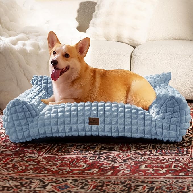 Cat Couch Bed with Fluffy Faux Rabbit Fur for Indoor Cats, 36 Inch | Cute Fuzzy Cat Sofa Recliner With Washable Cover, Suppportive Cozy Pets Couch in 3D Diamond Pattern, Light Blue