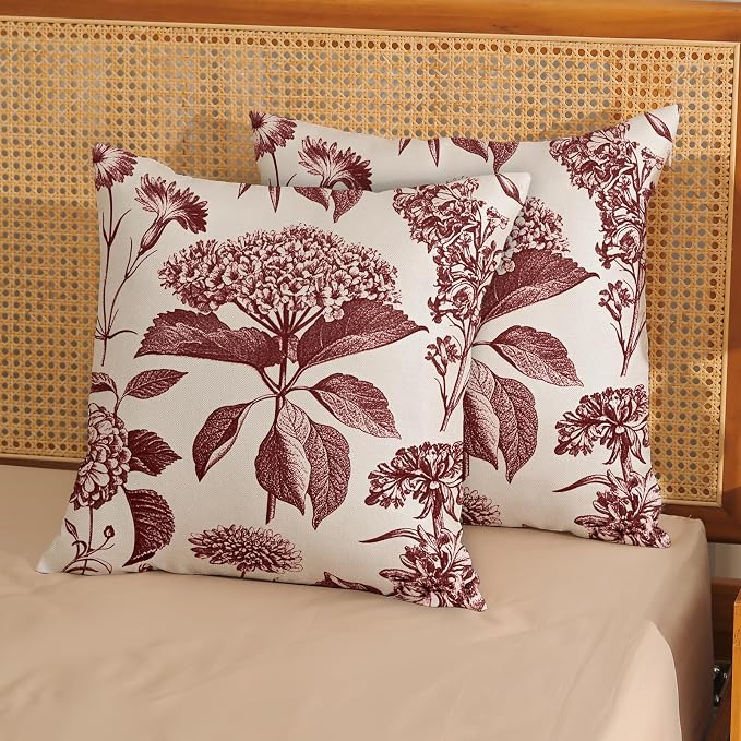 Floral Pillow Covers 22x22 Set of 2 Vintage Burgundy Red Hydrangea Herb Botanical Throw Pillow Cover Outdoor Decoration Boho Flower Pillowcase Farmhouse Decorative Cushion Case for Home Couch