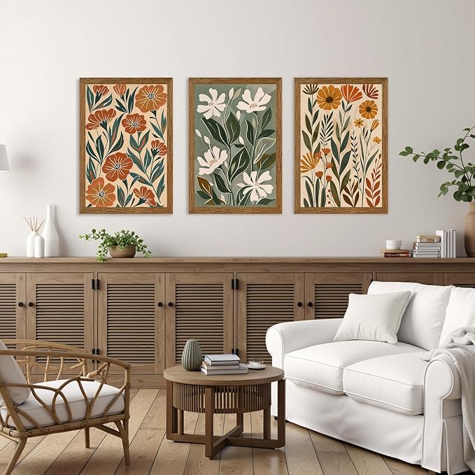 Urmoya 3 Pieces Boho Floral Decor Flower Market Wall Art, 20x30 Inch | Wood framed, Chic green and beige botanical trio, Ready to hang, for living room, Office, or guest bedroom home decor