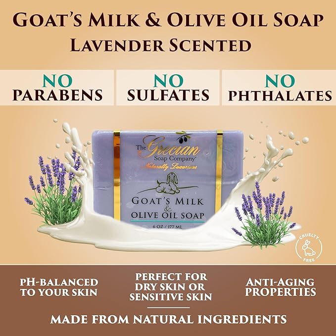 The Grecian Soap Company Goat Milk & Olive Oil Soap Bar 3-Pack – Lavender Scent, Natural Bar Soap for Dry & Sensitive Skin, Moisturizing & Nourishing Body & Face Soap Bars, Handmade in USA