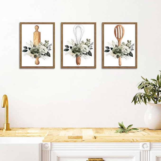 Modern Kitchen Canvas Wall Art Set of 3 – Framed Minimalist Floral Plant Wall Decor, Flowers Kitchen Utensil Posters Prints for Kitchen Dining Room Home Decor – 12x16in